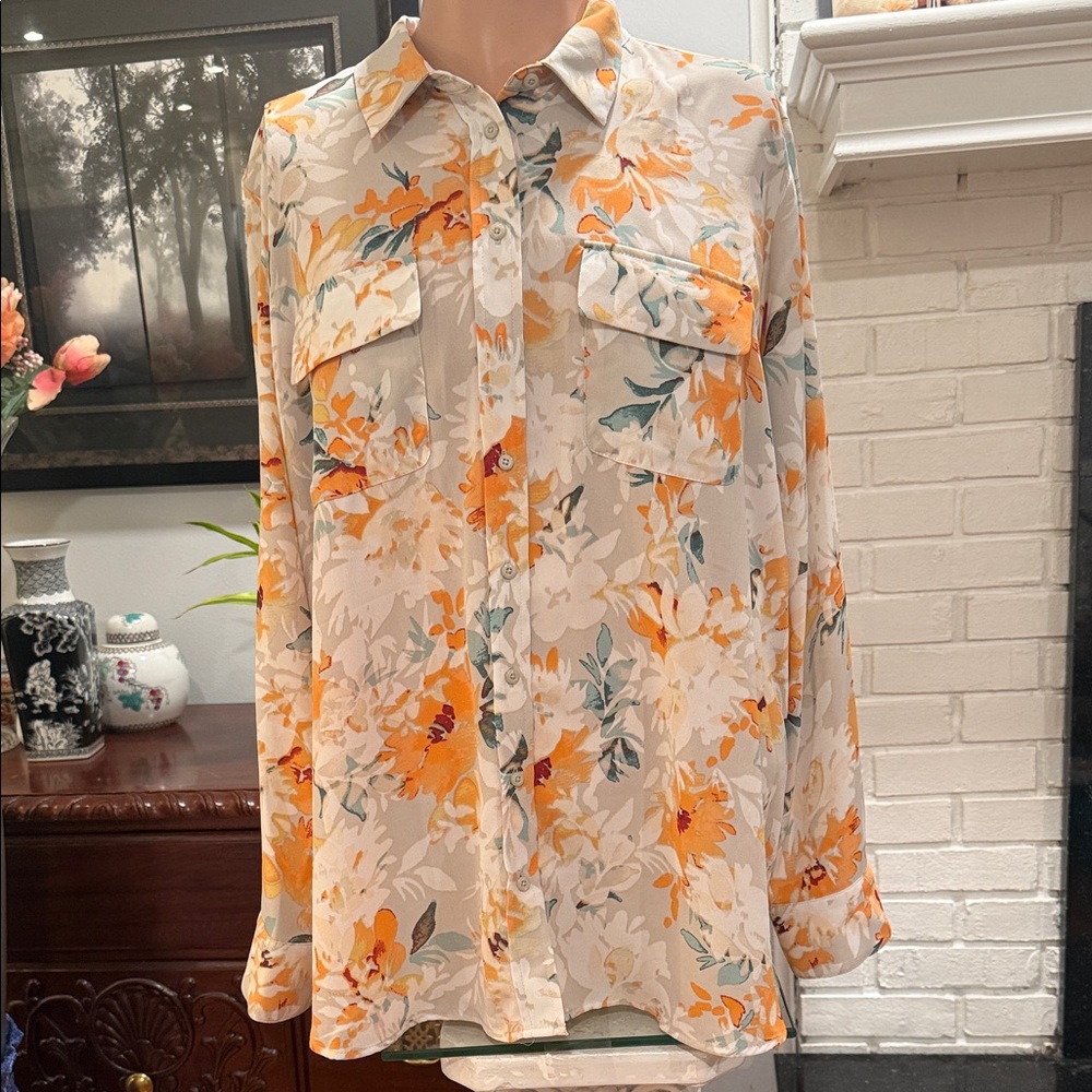 Floral Button-Up Blouse - Orange and Cream